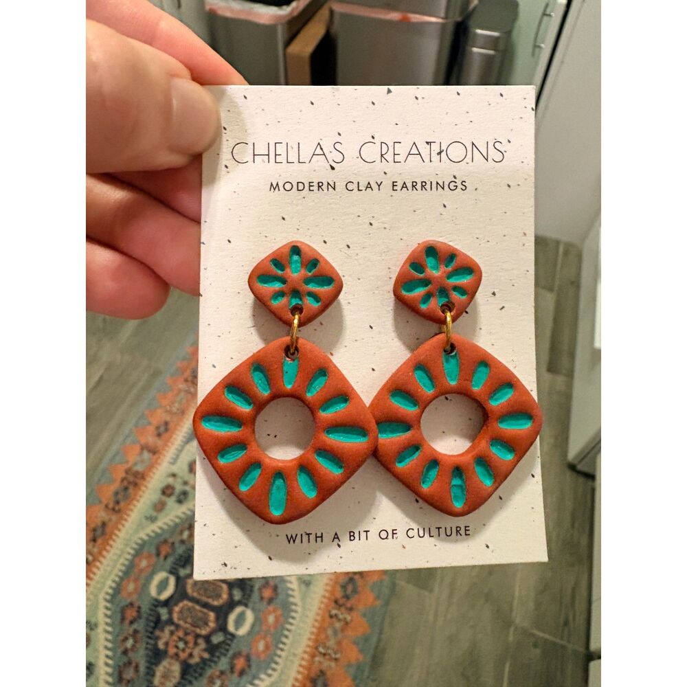 Boho Chellas Creations Mexican Inspired Modern Polymer Clay Teal Earrings